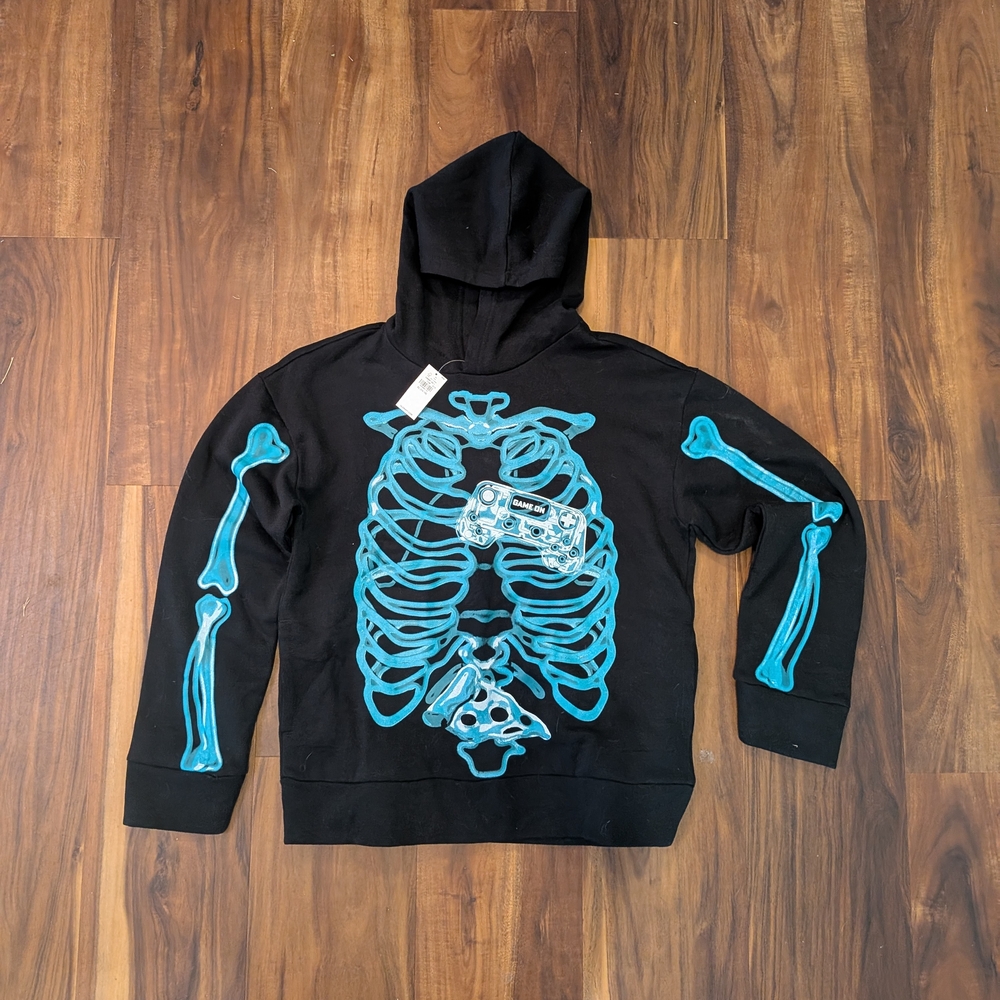 New Black Skeleton Gamer Hoodie with Blue Graphic Sweatshirt